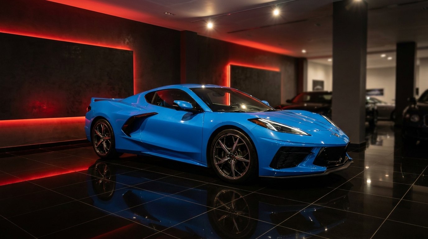 Rapid Blue Chevrolet Corvette Stingray in a dark showroom with red accent lighting