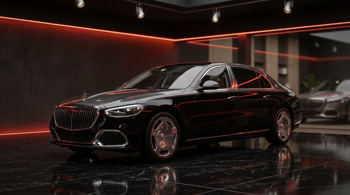 Black Mercedes-Maybach S 580 in a dark showroom with red accent lighting