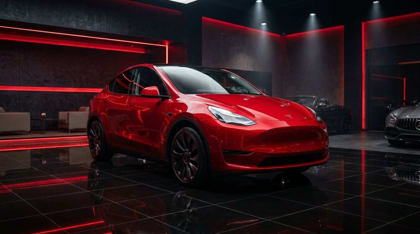 Ultra Red Tesla Model Y in a dark showroom with red accent lighting
